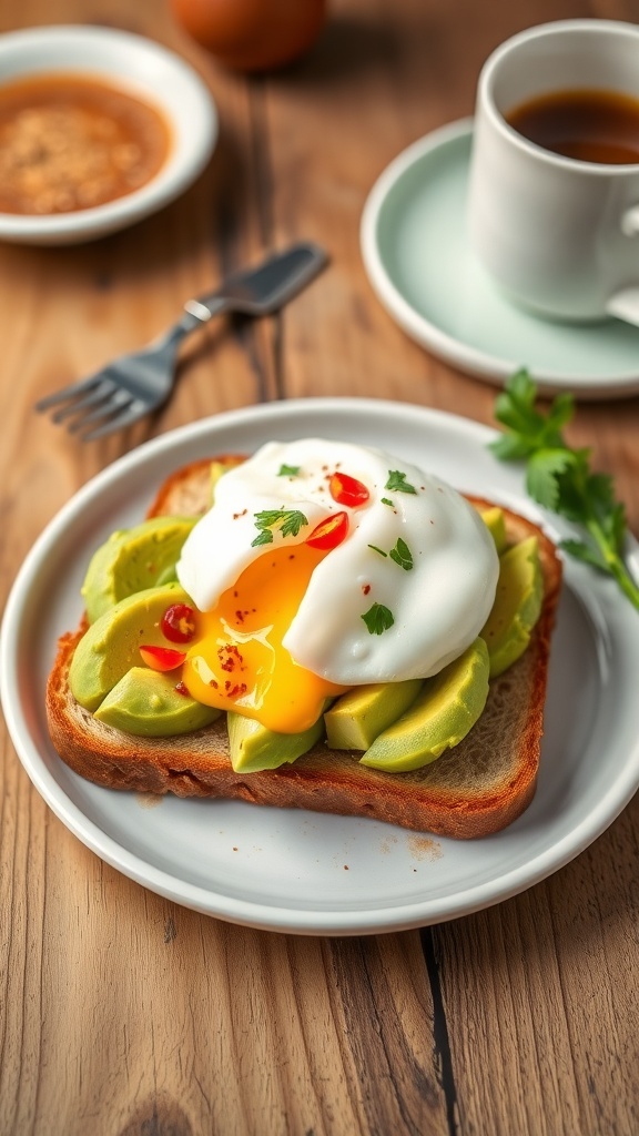 Avocado toast with poached egg, garnished with herbs and red pepper flakes on a rustic table.